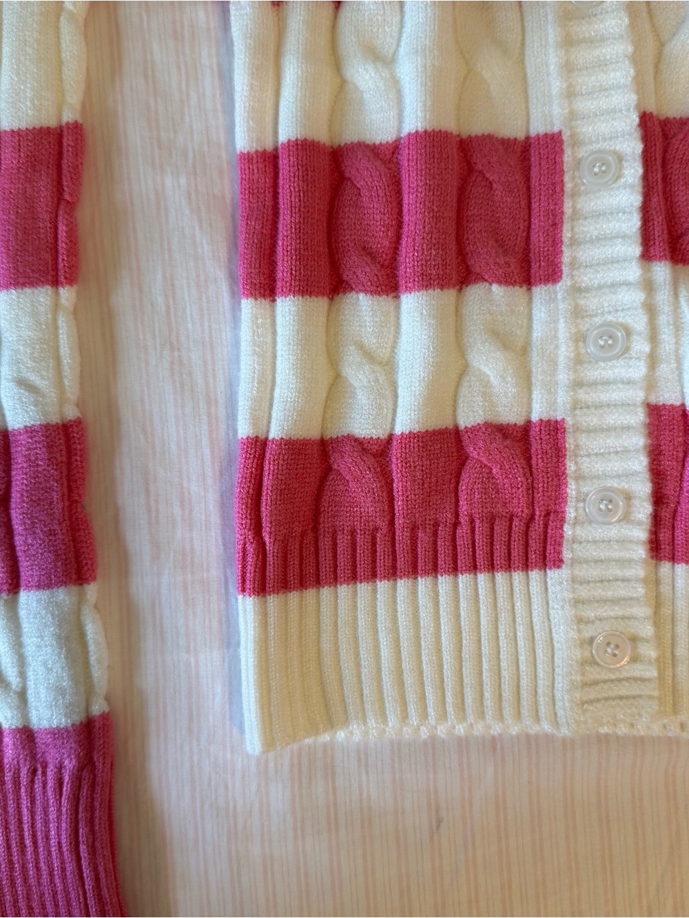 Forever 21 vintage Pink and white Striped Cable-Knit Cardigan Sweater - Picture 2 of 5